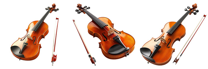 Fototapeta premium Set of violins with bows in different positions isolated on transparent background