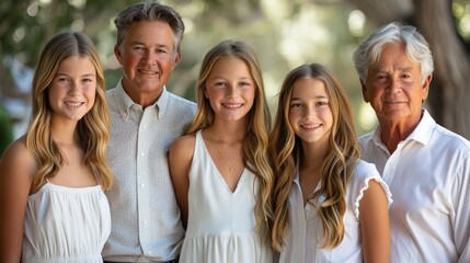 Family gathering featuring three young girls and two older men outdoors during a sunny afternoon