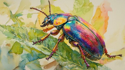 Naklejka premium Watercolor beetle with iridescent colors, resting on a leaf.