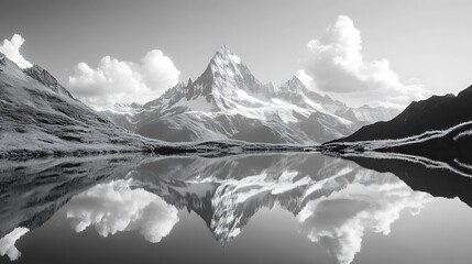 Obraz premium Black and White Photo of a Mountain Reflected in a Lake