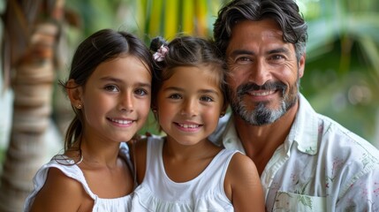 Fototapeta premium Family portrait of a father with his two daughters, smiling in a tropical garden, during the afternoon