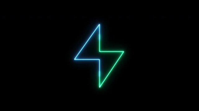 Neon lightning, blue and green glowing sign. Neon bolt icon on black background Glowing neon battery icon. power and electricity accumulator battery. 4k