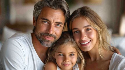 Obraz premium A happy family of three smiles together in a cozy living room during a sunny afternoon