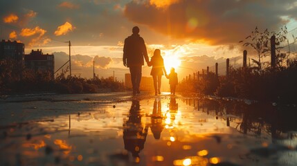 Fototapeta premium Family walking on a wet path during sunset with vibrant clouds and reflections in the water