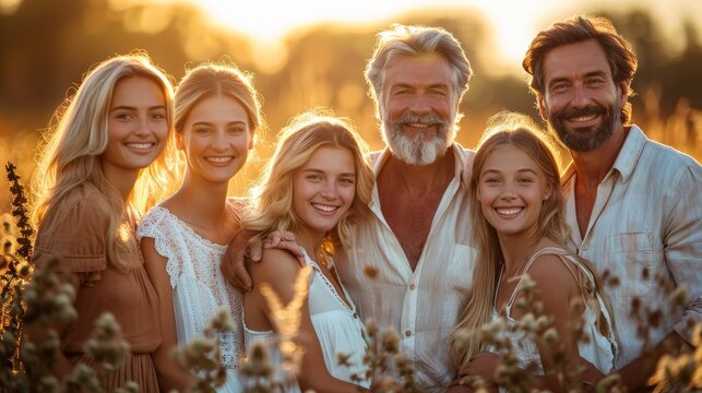 Family enjoying a golden hour gathering in a lush field during summer