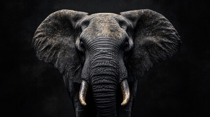 Fototapeta premium Close-up of an African elephant with textured skin and prominent tusks against a dark background