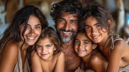 Fototapeta premium Joyful family portrait on a sunny day at the beach, featuring two adults and three children smiling together