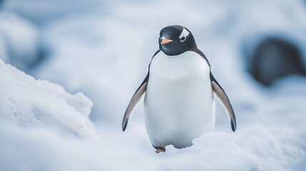 Obraz premium A lone Gentoo penguin walking through the snow in a cold Antarctic landscape during the daylight