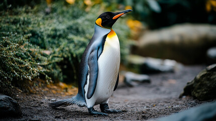 A solitary emperor penguin walks through a lush environment during dusk in a nature reserve