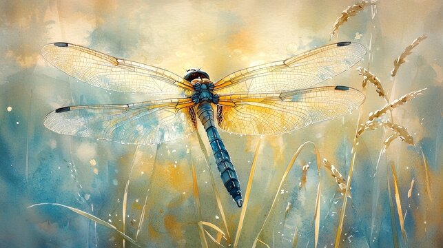 Watercolor dragonfly darting through reeds, with shimmering, translucent wings.