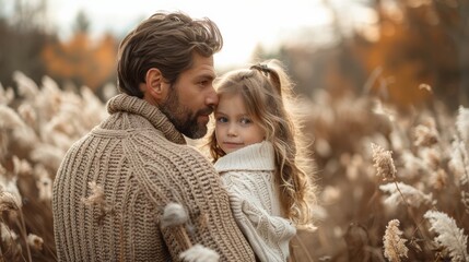 Fototapeta premium A father and daughter embrace in a warm autumn field during golden hour