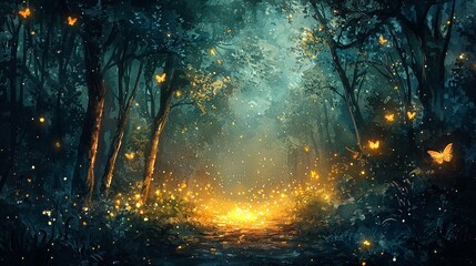 Watercolor firefly illuminating a dark forest, with soft, glowing light.