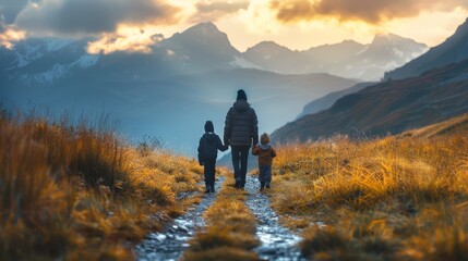 Obraz premium Family walking on a mountain trail during sunset in the Alps