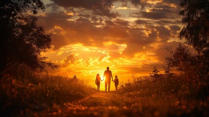 Fototapeta premium Family walking hand in hand on a path during a vibrant sunset in a serene landscape