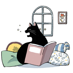 クッションに囲まれて本を読みながら眠くなる猫