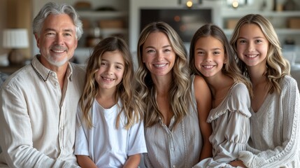Fototapeta premium Family posing together in a cozy living room during a sunny day