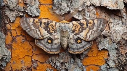 Watercolor moth camouflaged on a tree bark, with intricate patterns.