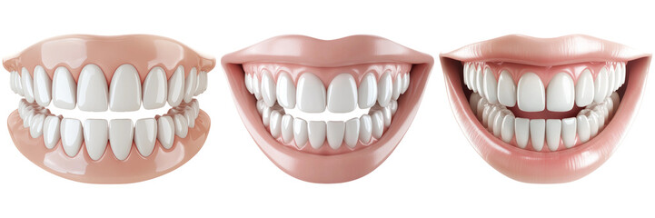 Fototapeta premium Close-up of three smiling teeth models isolated on transparent background