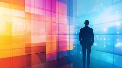 Fototapeta premium abstract background geometric design modern minimal backdrop with silhouette clipart back view of a businessman with copy space