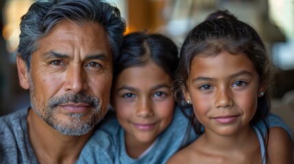 Fototapeta premium Family portrait of a father with his two daughters at home during golden hour