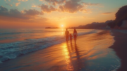 Fototapeta premium Family walks along a tranquil beach at sunset, with waves lapping at their feet and clouds framing the vibrant sky