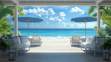 A beach scene with two blue umbrellas and several white chairs. The chairs are arranged in a way that they face the ocean. Scene is relaxed and inviting, as if someone is ready to unwind