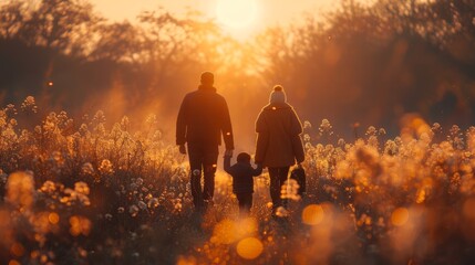 Fototapeta premium Family walking hand in hand through a golden field at sunset, enjoying a peaceful evening together