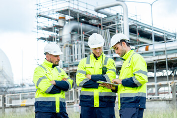 Lower view engineer or technician workers stand in front of  petrochemical factory and use tablet to discuss their work.