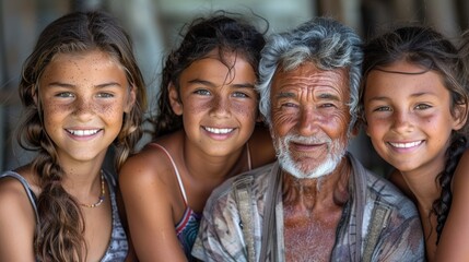 Fototapeta premium Family gathering with three girls smiling alongside an elderly man at a rustic location during daylight
