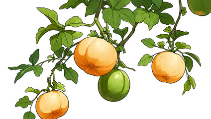 A light orange fruit hangs from a vine with green leaves.

