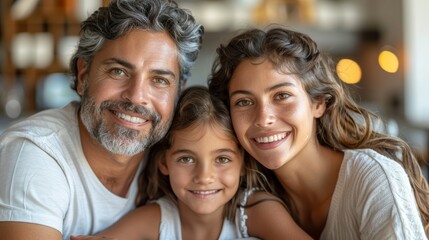 Fototapeta premium Family smiles together in a cozy indoor setting during a warm afternoon