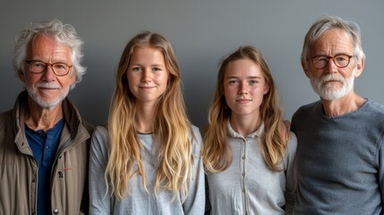 Obraz premium Four family members posing together in a neutral setting with natural expressions