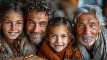 Fototapeta premium Family of four smiling together indoors during a cozy gathering in autumn
