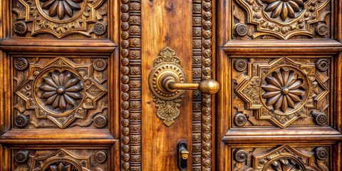 Vintage wooden door with intricate carvings and brass doorknob, wood, vintage, door, antique, entrance