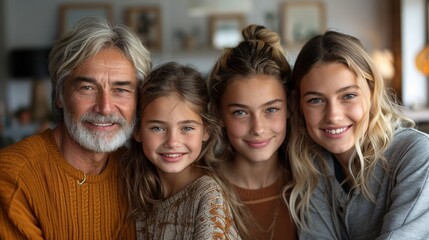 Fototapeta premium Family portrait featuring four generations smiling together in a cozy living room during a sunny afternoon