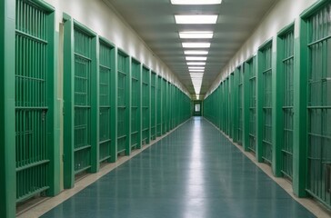 Empty prison corridor with green cell doors leading to closed door at end