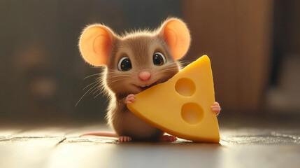 Fototapeta premium A small cartoon mouse happily holds a piece of cheese in a cozy indoor setting