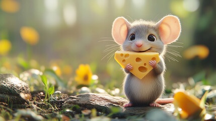 Happy mouse holding a piece of cheese in a sunlit meadow with flowers during the golden hour