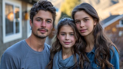 Obraz premium Family portrait taken in a scenic outdoor setting during golden hour with a father and two daughters