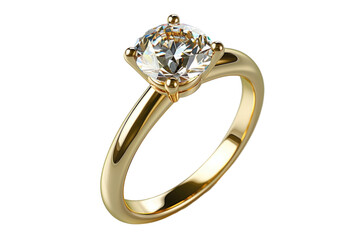 Gold diamond ring with solitaire on white background.