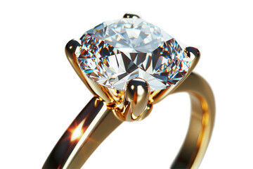 Gold diamond ring with solitaire on white background.