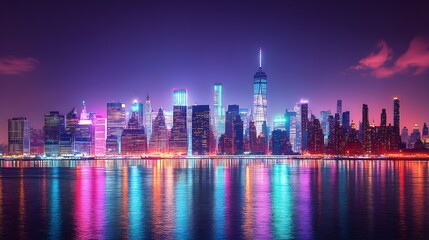 New York City skyline at night with city skyscrapers illuminated by reflection of neon lights on water. 3d digital artwork illustration wallpaper vibrant view of modern architectural buildings street.