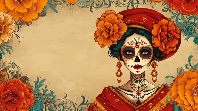 Day of the Dead Dia de los Muertos mexican holiday banner. Mexican culture festival invitation, Day of the Dead carnival poster with sugar calavera skull, marigold flower, tequila and bones