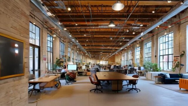 the transformation of an empty warehouse into a bustling co-working space filled with entrepreneurs and startups. - Powered by Adobe
