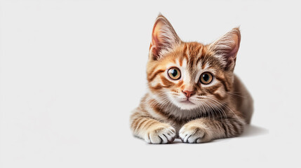 Obraz premium A playful tabby kitten resting comfortably on a light background