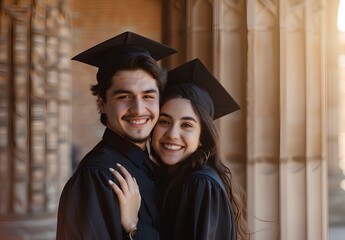 Obraz premium A young man wearing a black graduation gown and cap is posing with his girlfriend stand in front of a university's corridor, showing love for each other, look happy after just having graduated