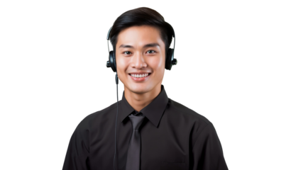 Smiling call center worker with a headset, customer service representative, isolated on transparent background