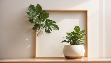 Fototapeta premium s a plant in a white pot with a wooden frame behind it.