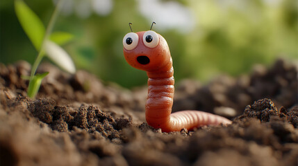 Fototapeta premium A surprised worm emerges from rich soil among budding green plants in a garden during daylight