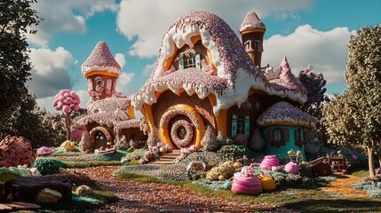 Fototapeta premium Whimsical Dessert Cottage Poster: Transform Your Space with a Surreal Sweet Treat of Chocolate Frosting, Whipped Cream, and a Giant Donut Roof – Perfect for Playful Interiors!